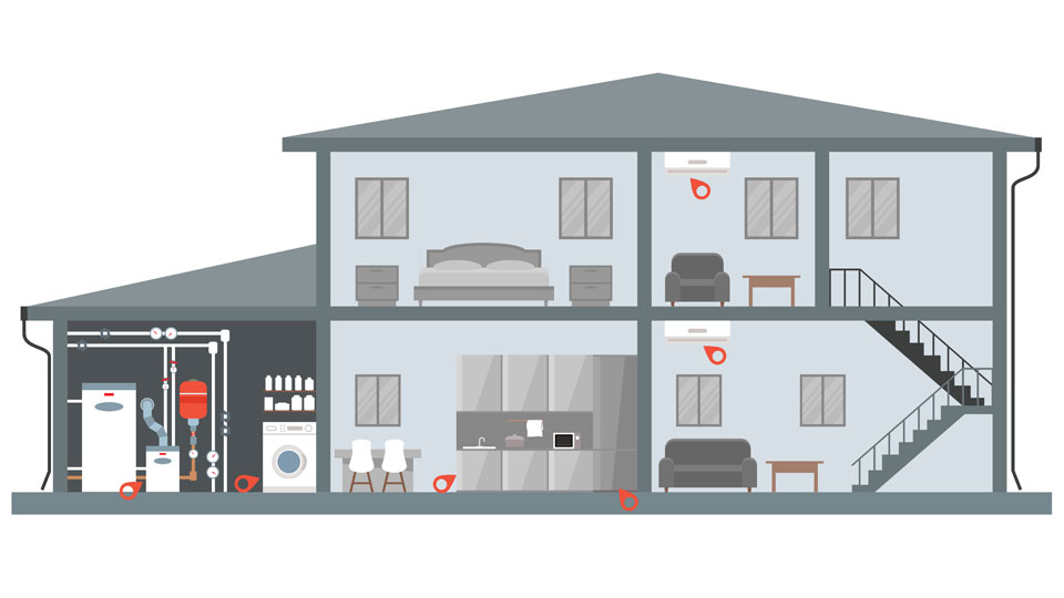 Digital image of a house with indications for potential water damage spots